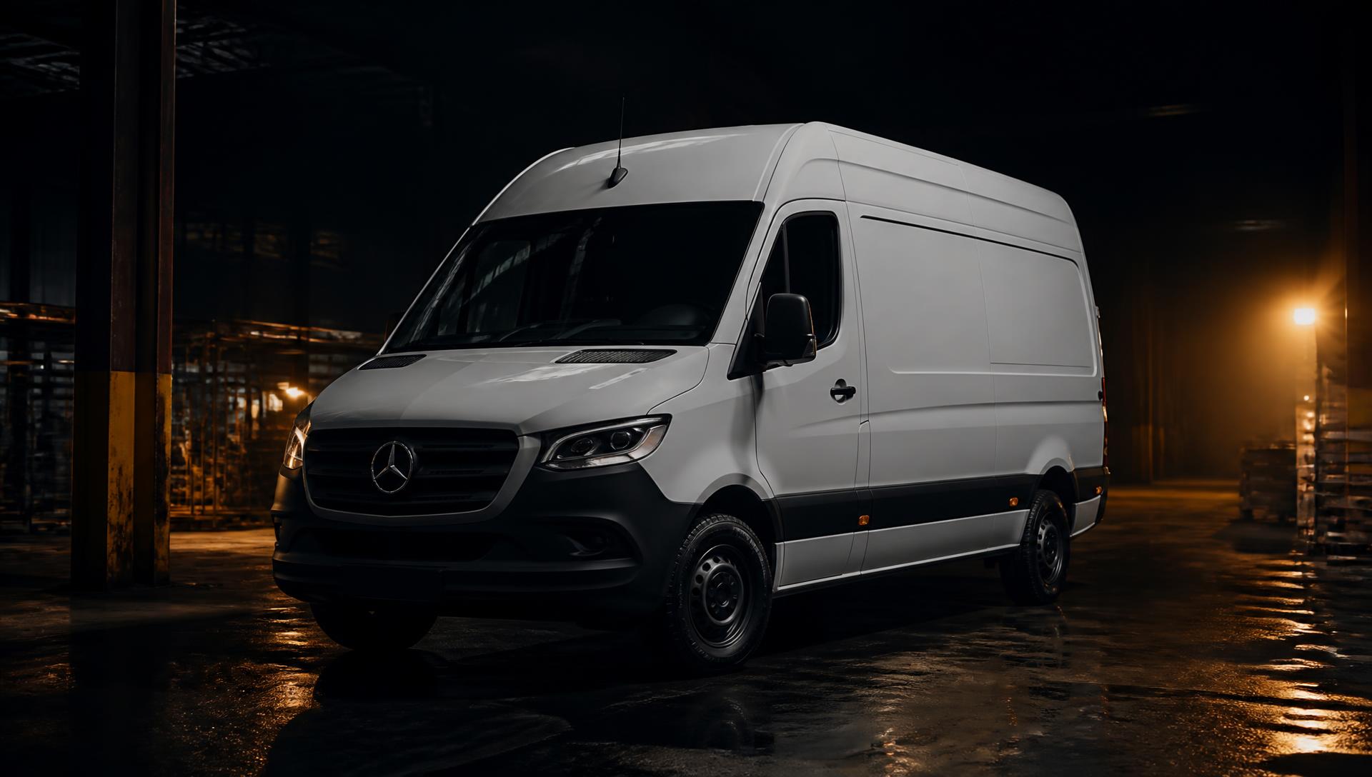 Mercedes Sprinter van in a dark workshop